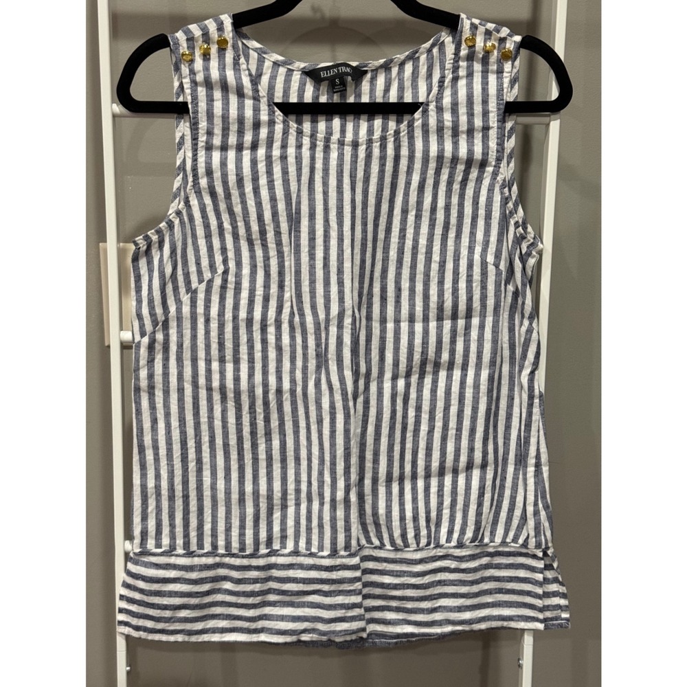 Ellen Tracy Blue White Striped Linen Top S‎ Nautical Old Money Coastal Grandma